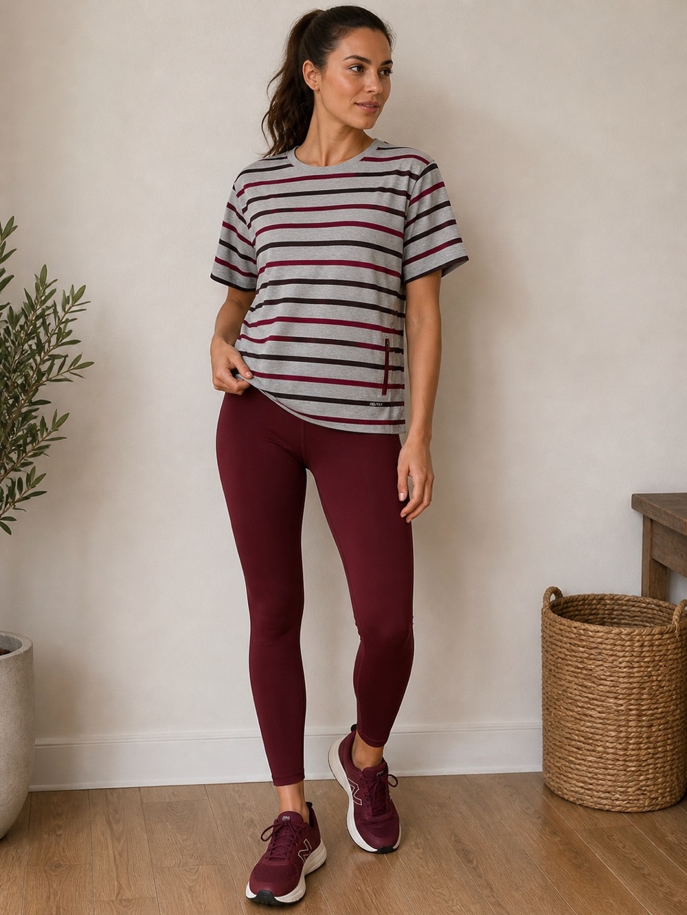 Nike Gray Short-Sleeve Stripe Tee with Maroon and Dark Gray Stripes